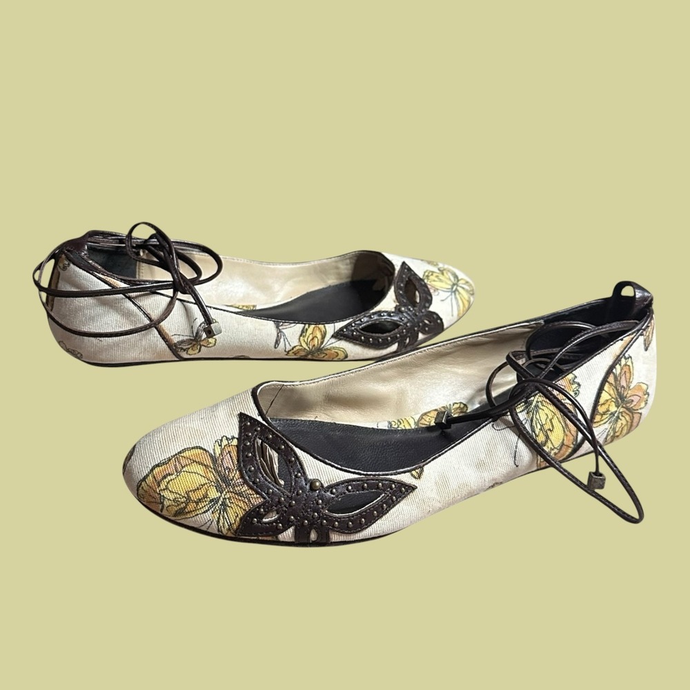 Karen Millen Butterfly Lace Up Ballet Flats Canvas Y2K, Size 37.5